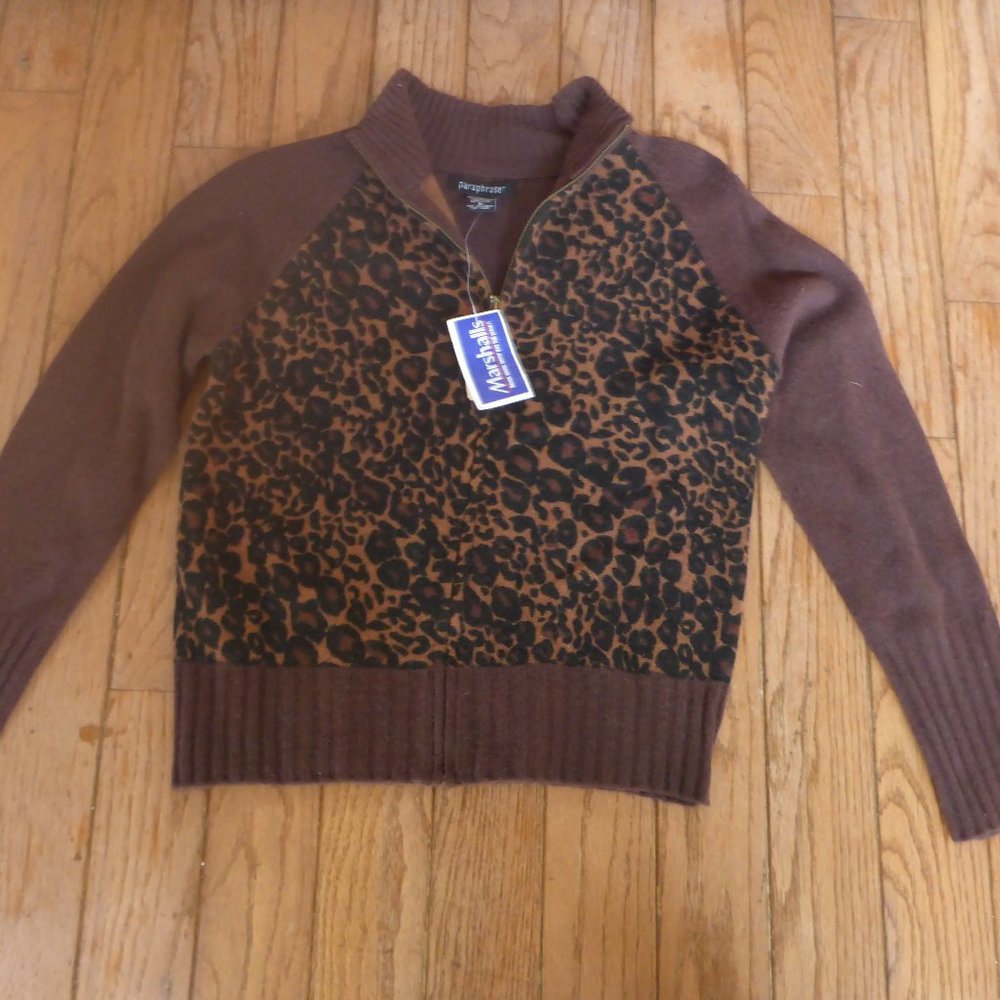 Woman's Lambs Wool Blend Leopard Print Zip Up Cardigan Sweater
